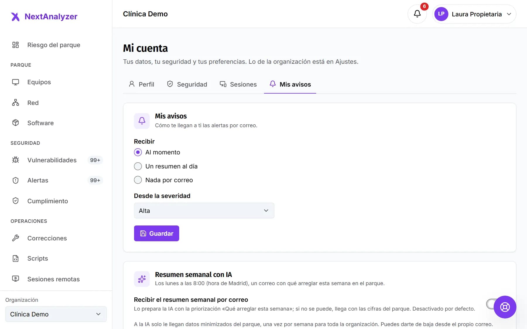 Avisos personales con las opciones de correo.