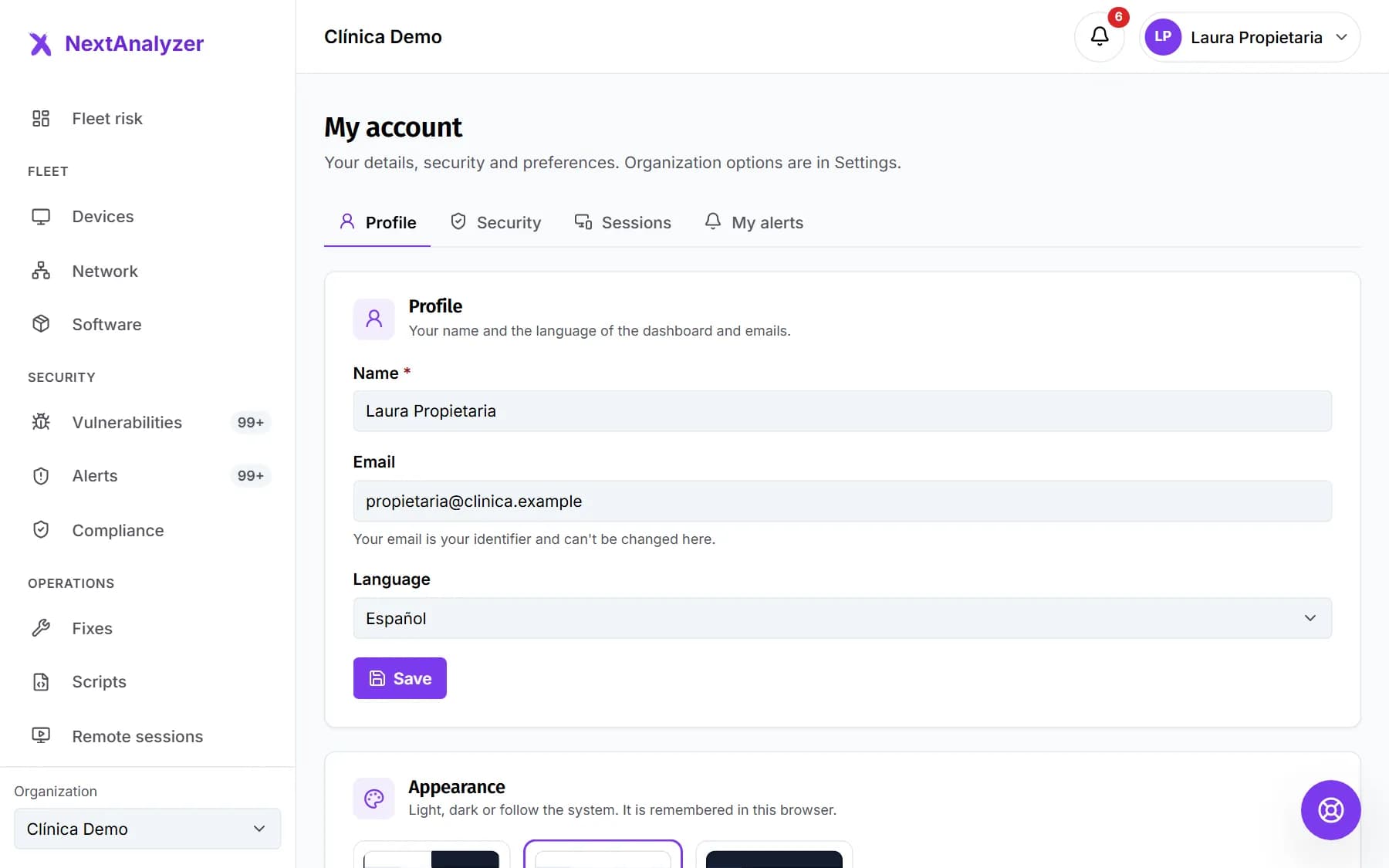 Account profile with the name, language and appearance.