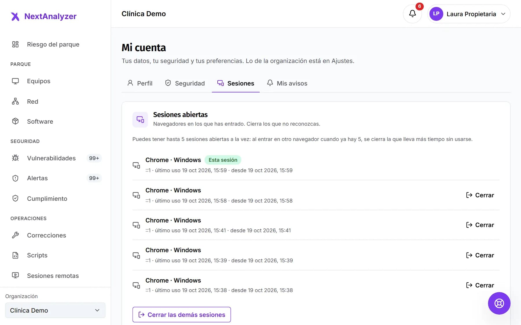 Sesiones abiertas de la cuenta con el navegador y la última actividad.