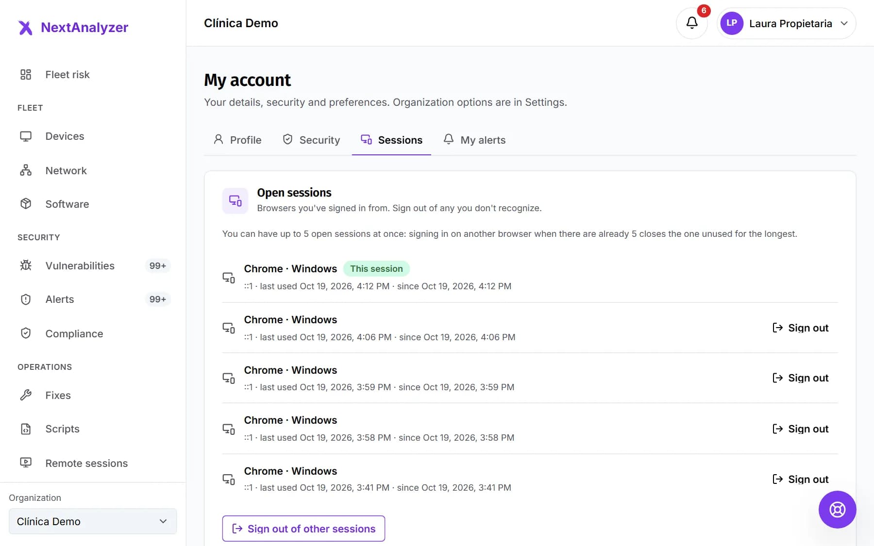 Open account sessions with the browser and last activity.