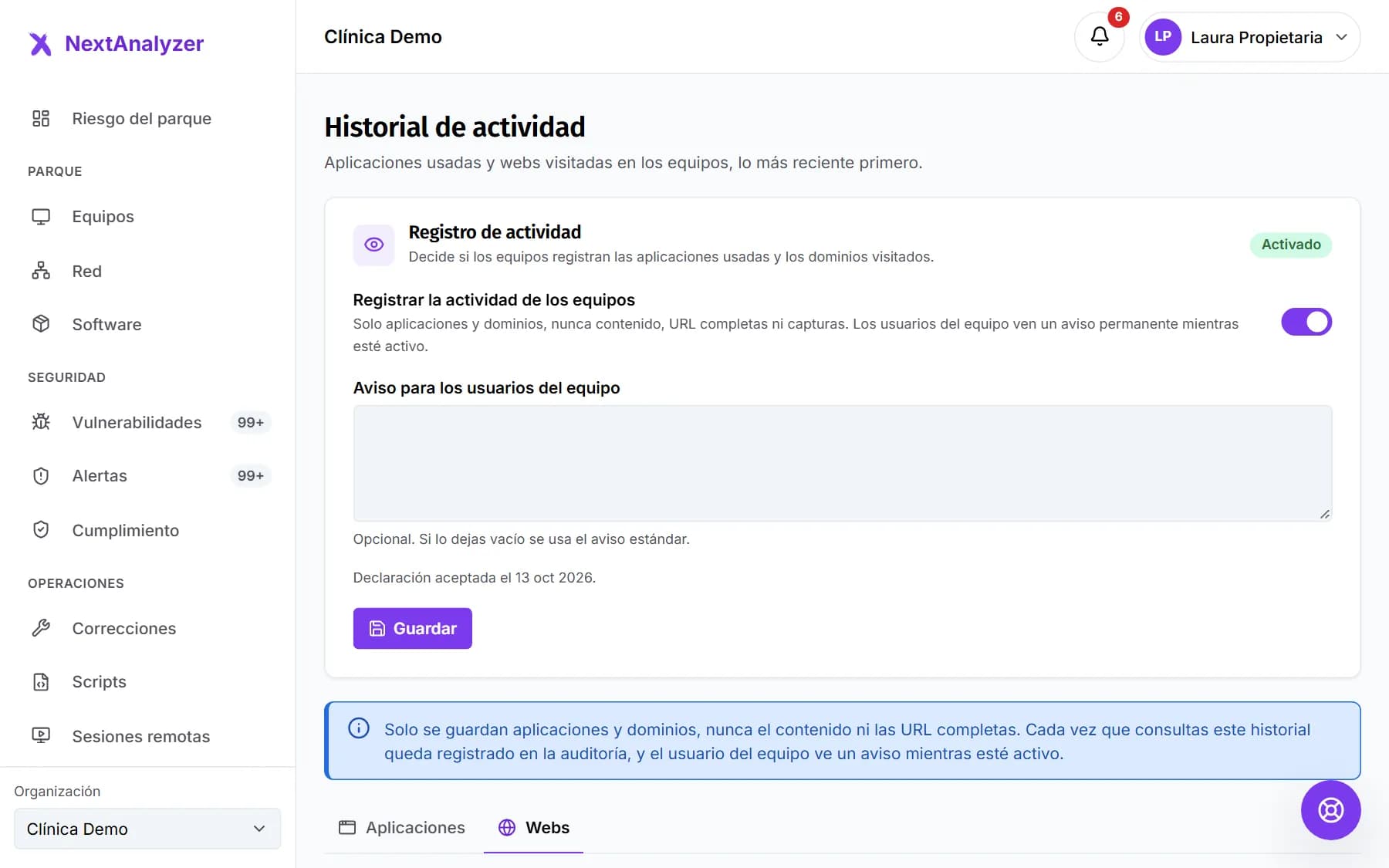 Historial web con los dominios visitados por equipo.