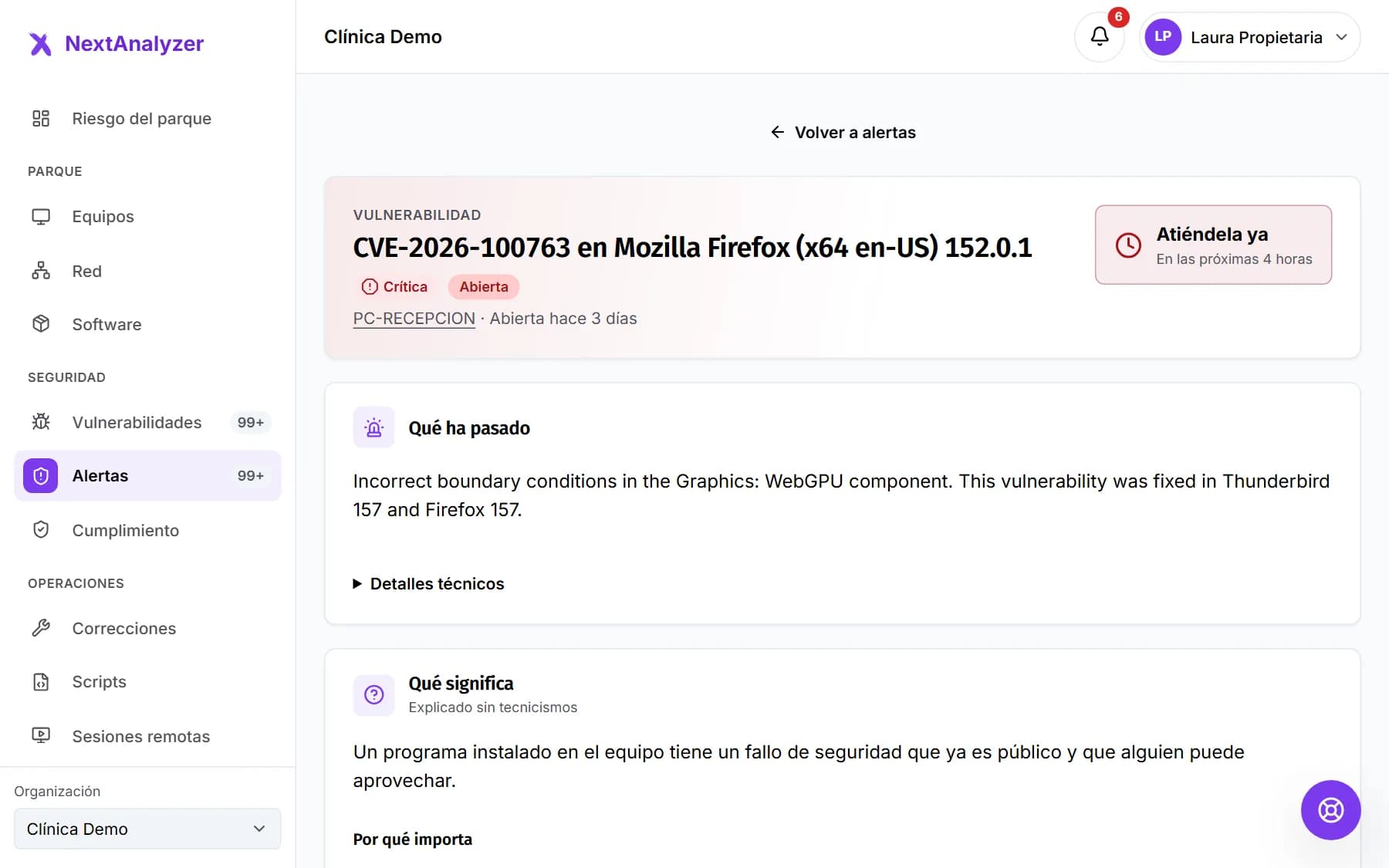 Ficha de una alerta con su explicación y las acciones.