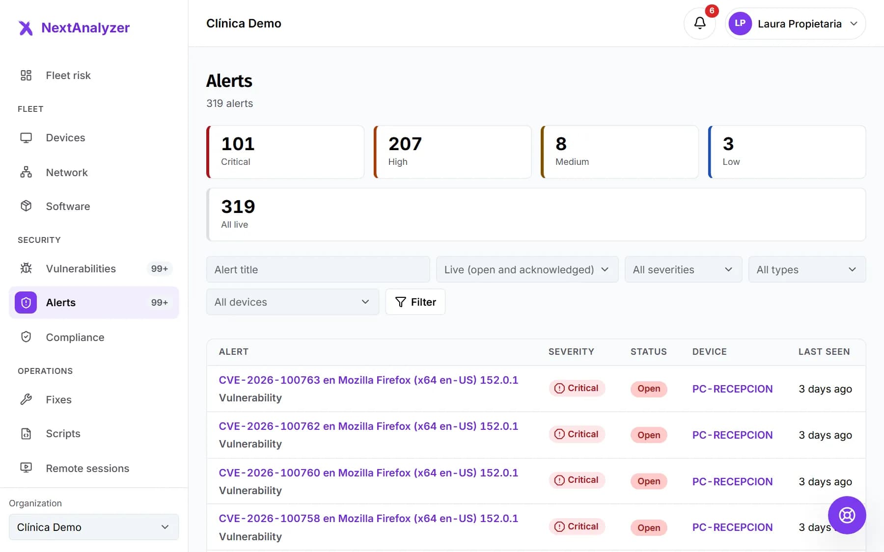 List of open alerts with their severity, the affected device and their status.