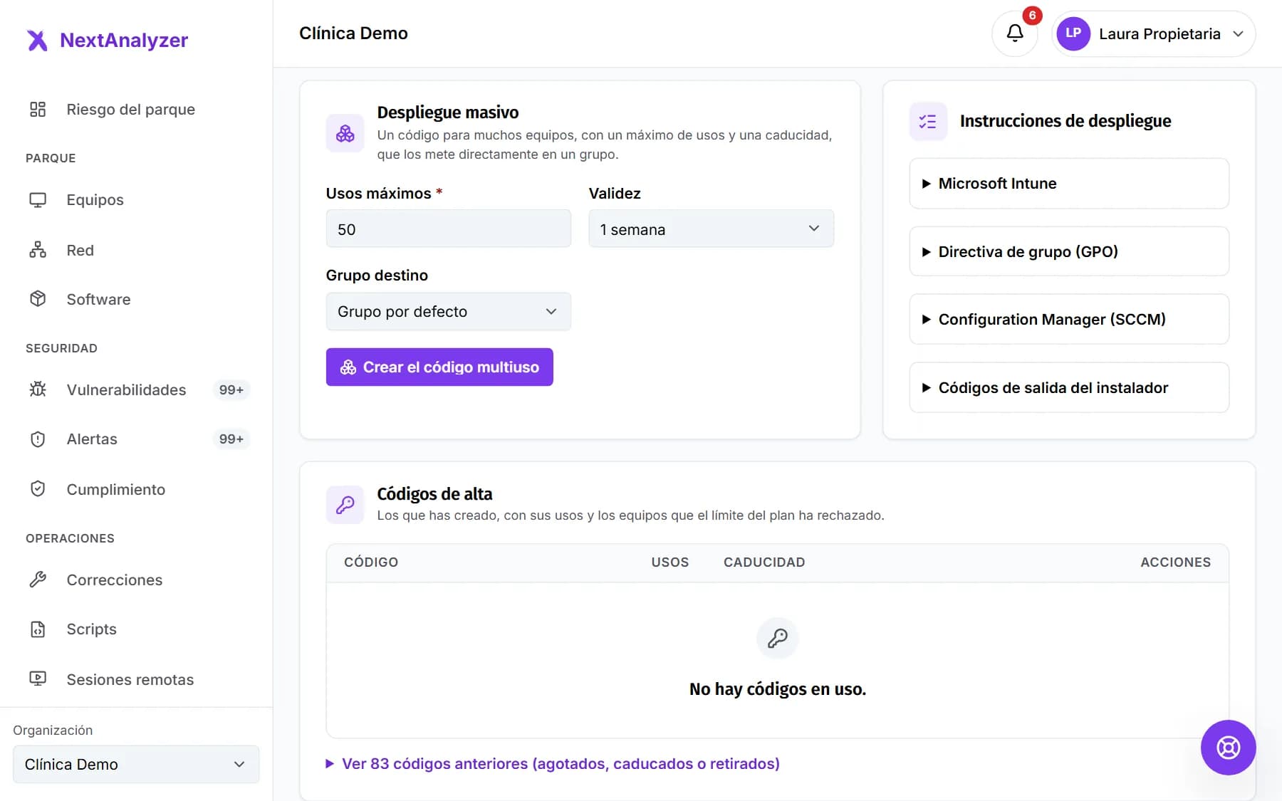 Pantalla de despliegue masivo con usos máximos, validez, grupo destino y las instrucciones de Intune, GPO y SCCM.