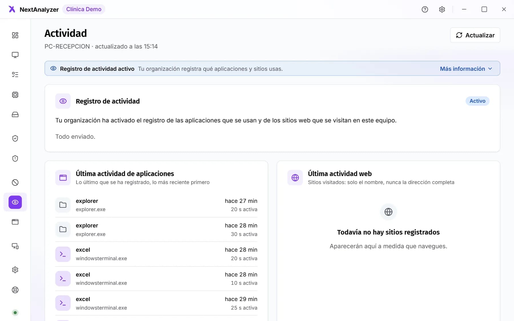 Página Actividad de la app con el aviso de registro activo.