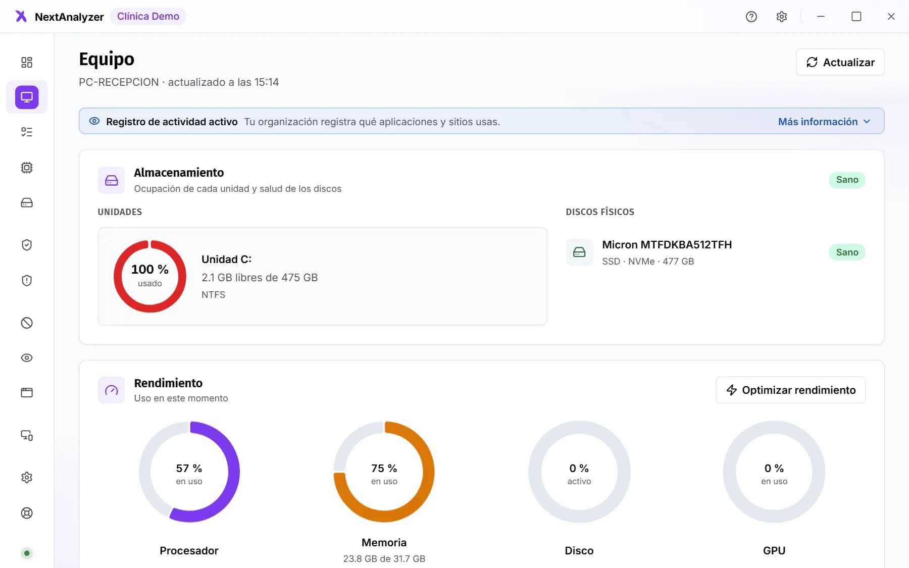 Página Equipo de la app con el almacenamiento, el rendimiento y el botón Optimizar rendimiento.