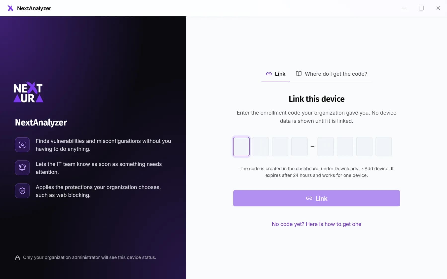 Desktop app screen for linking the device with an 8-character code.
