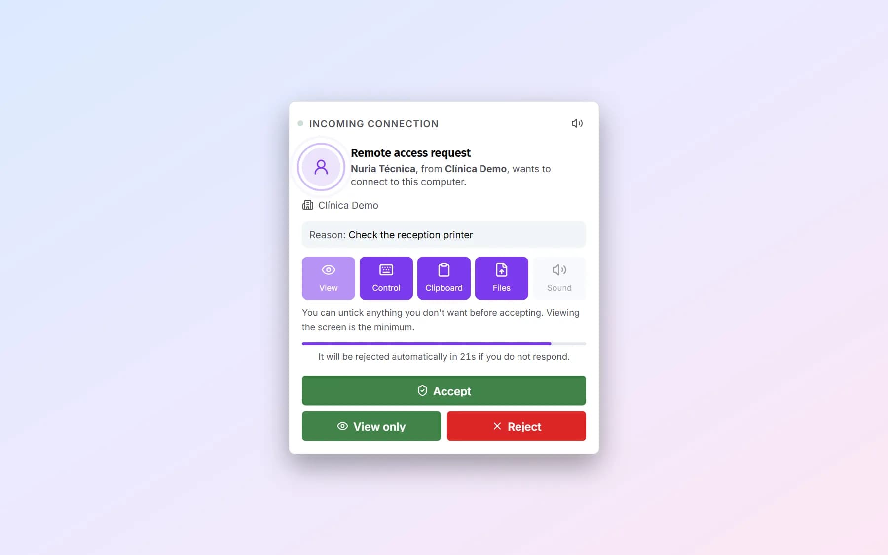 App window asking for permission for a remote access session.