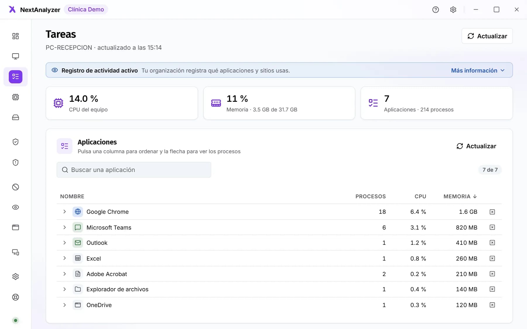 Página Tareas de la app con los programas abiertos y su consumo.