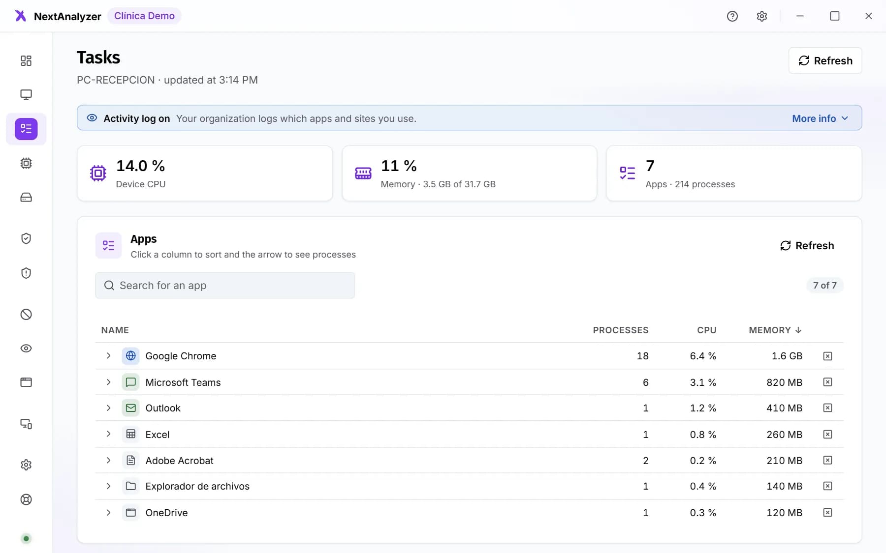 App Tasks page with the open programs and their usage.
