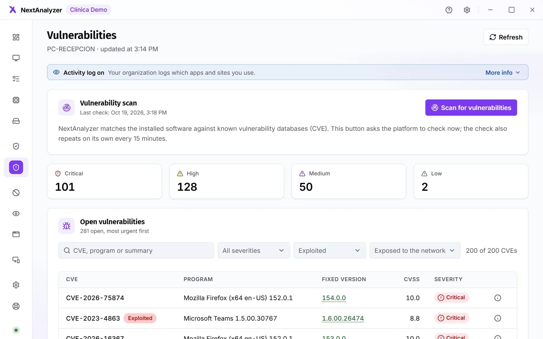 Desktop app Vulnerabilities page with the detection status.