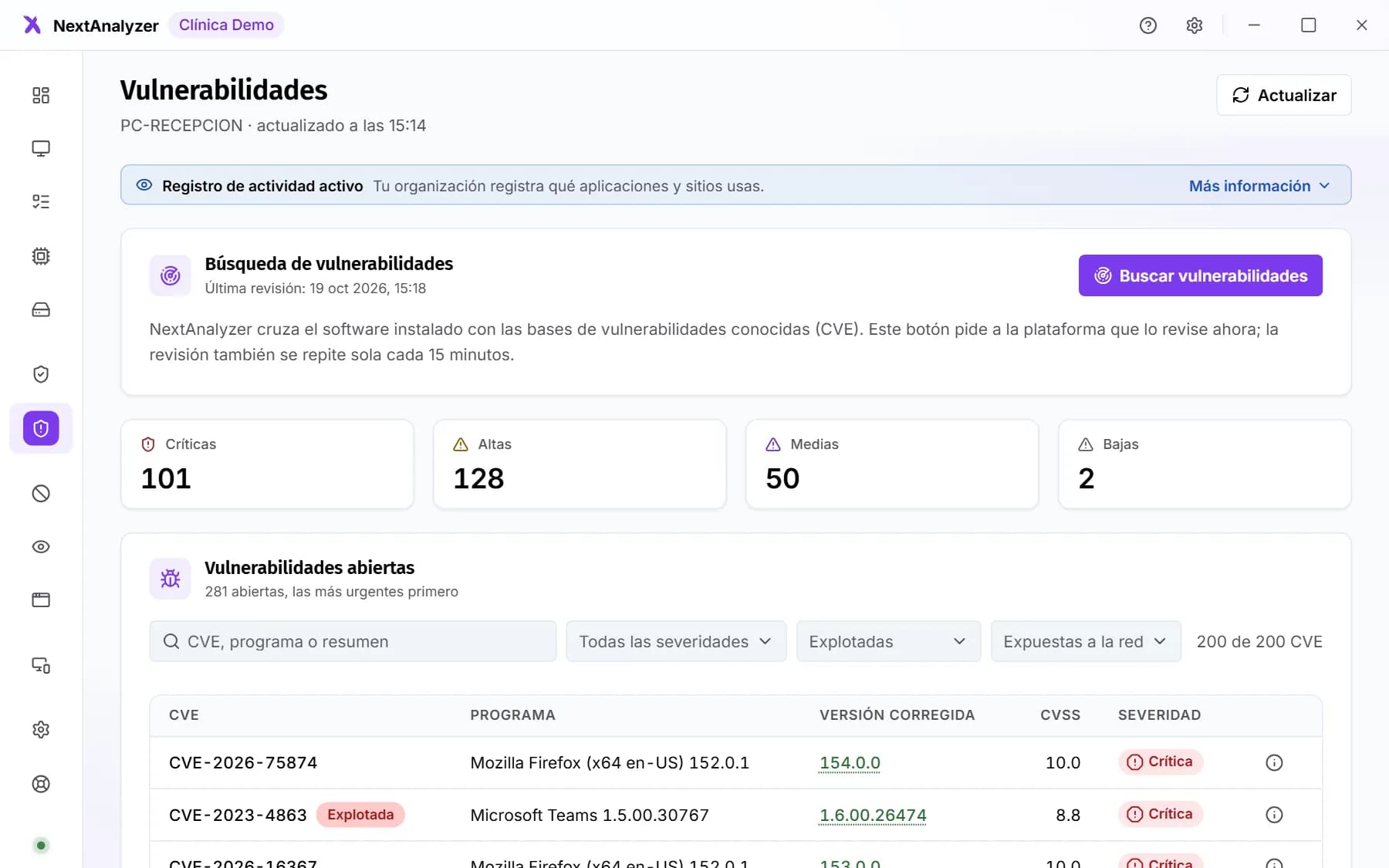 Página Vulnerabilidades de la app de escritorio con el estado de la detección.