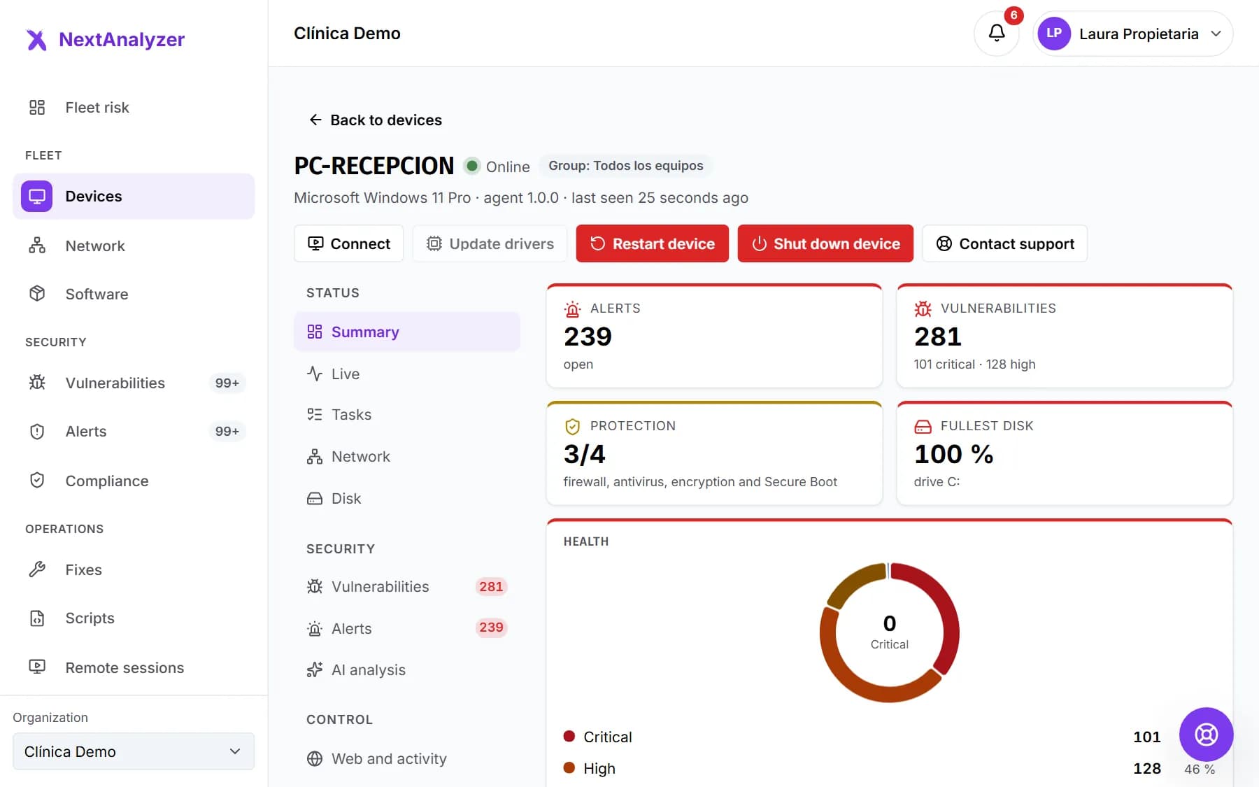 A device profile with its health indicators, protection, what needs attention and system details.