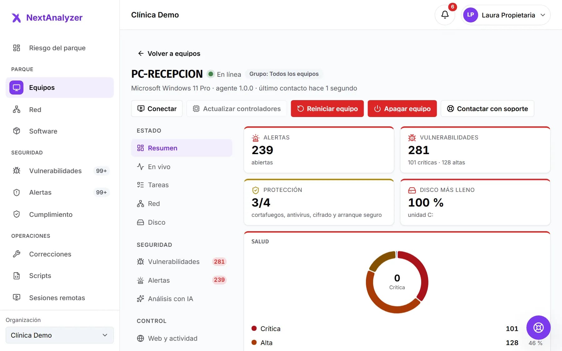 Ficha de un equipo con sus indicadores de salud, la protección, qué atender y los datos del sistema.