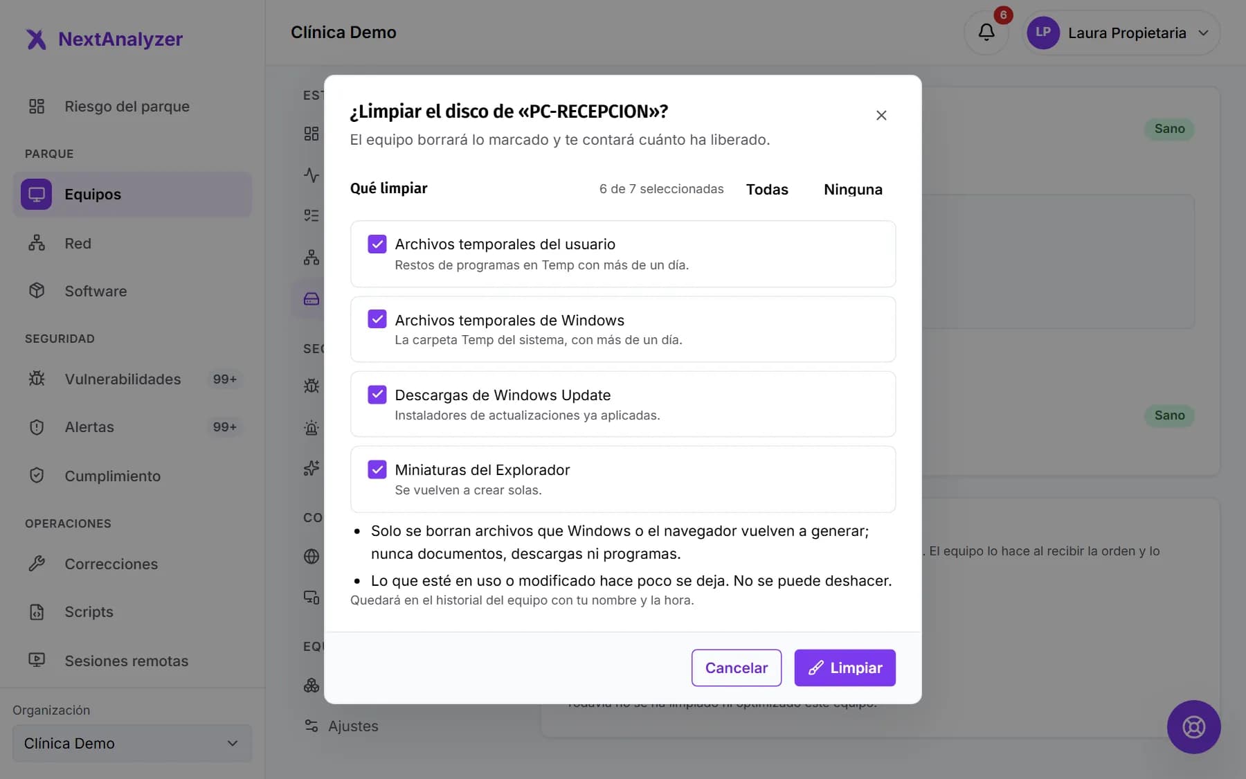 Diálogo para limpiar el disco de un equipo con las categorías de Qué limpiar marcadas y los botones Cancelar y Limpiar.