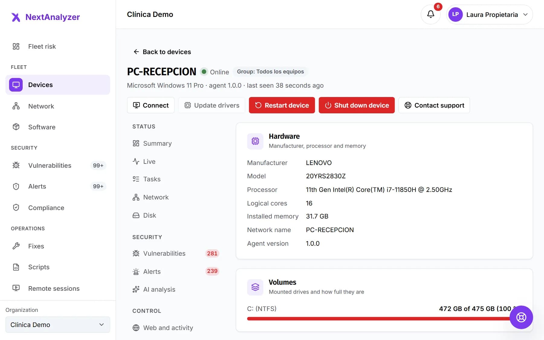 A device's Inventory tab with its hardware and volumes.