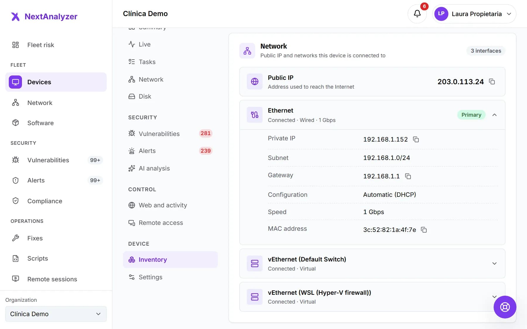 Network section of the inventory with the public IP and the main interface with its IP, subnet, gateway and MAC.