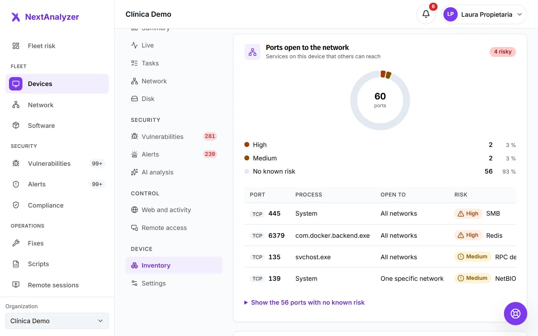 Ports open to the network block of the inventory with the summary by risk and the list of ports with their process, what they are open to and their risk.