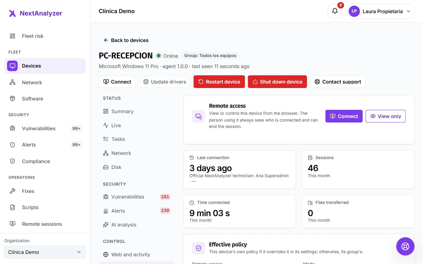 Remote access tab of a device with the Connect and View only buttons, this month's figures and the effective policy.