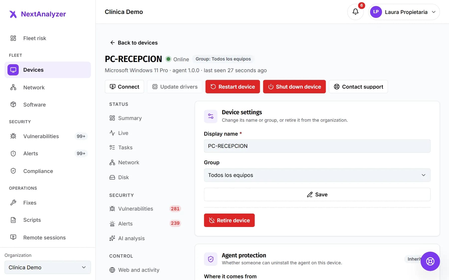 Settings tab of a device with its display name, its group and its policies.