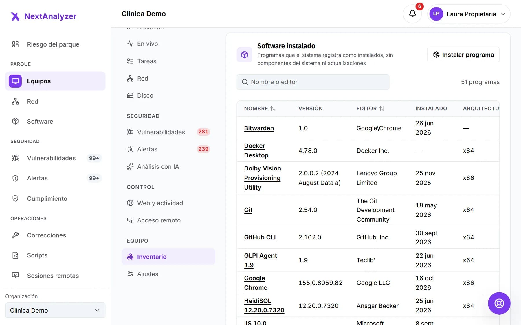 Bloque Software instalado del inventario con el buscador por nombre o editor y la lista de programas con su versión, editor, fecha y arquitectura.
