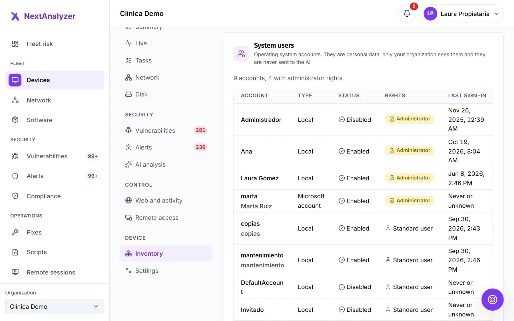 System users table with each account's type, status, rights and last sign-in.
