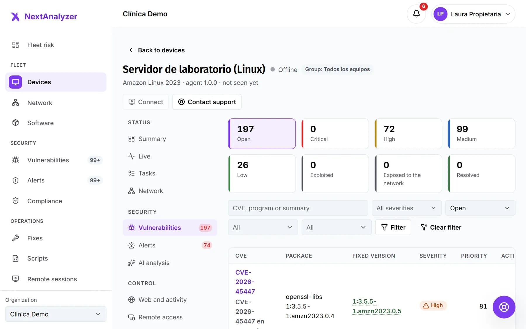 A device's Vulnerabilities tab with flaws by severity.
