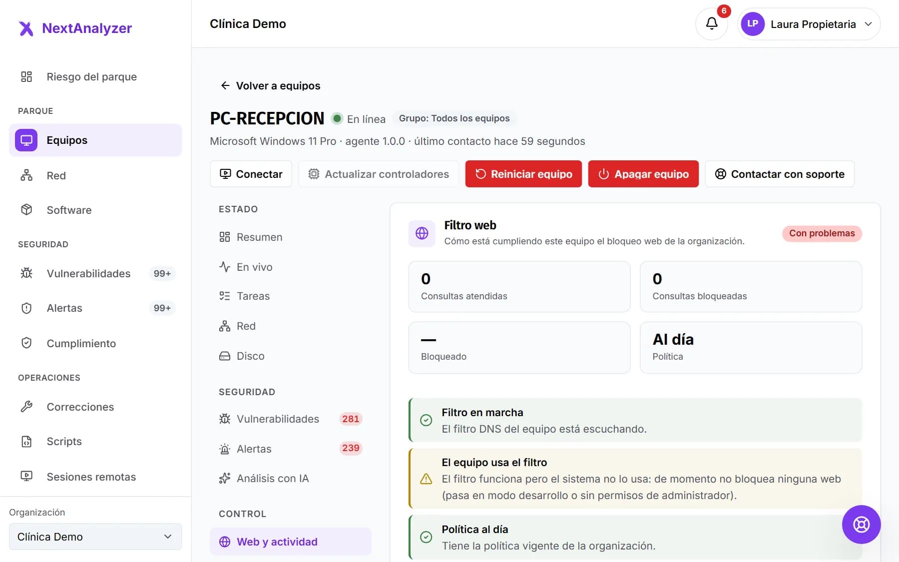 Pestaña Web y actividad de un equipo con el estado del filtro y sus comprobaciones.