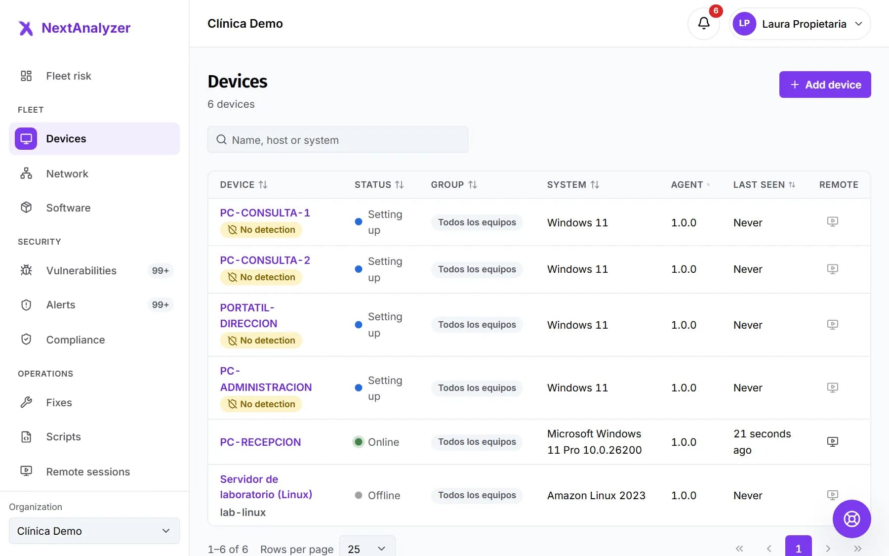Device list with each device's status, group, system, agent and last contact.