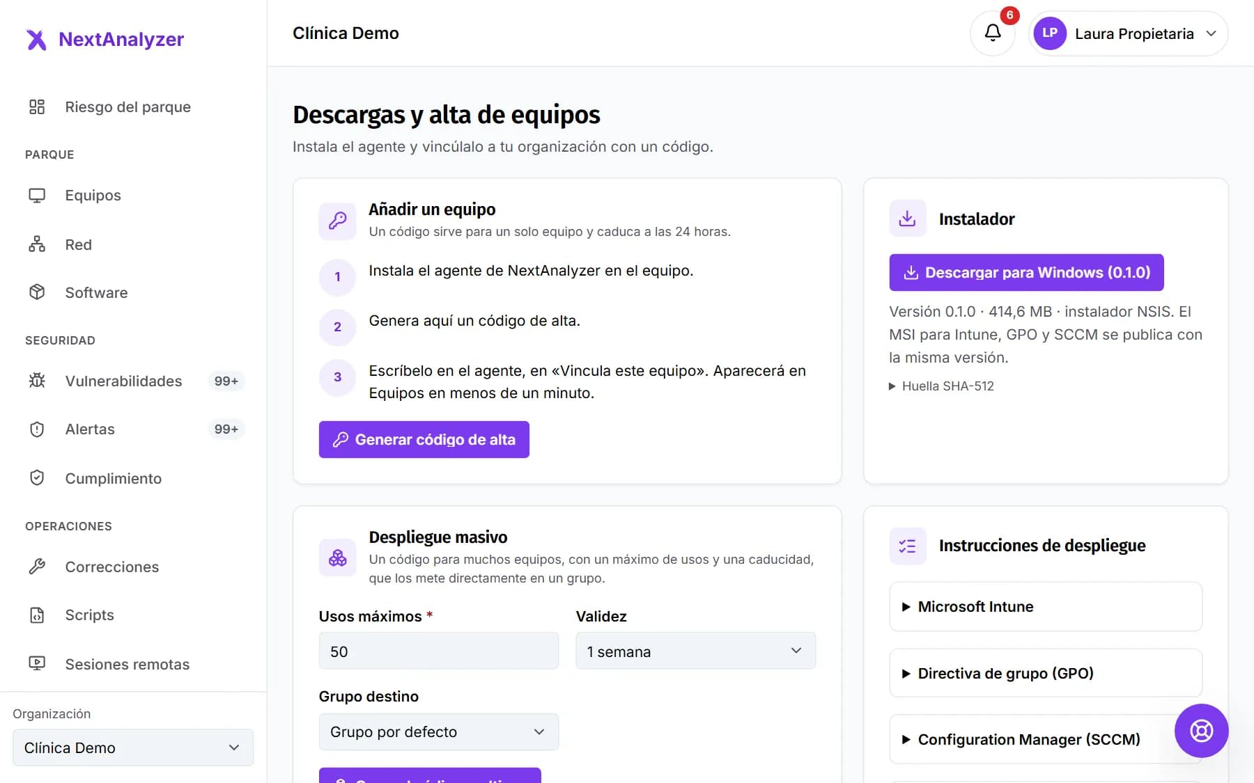 Pantalla de descargas con el código de alta y las instrucciones de instalación.