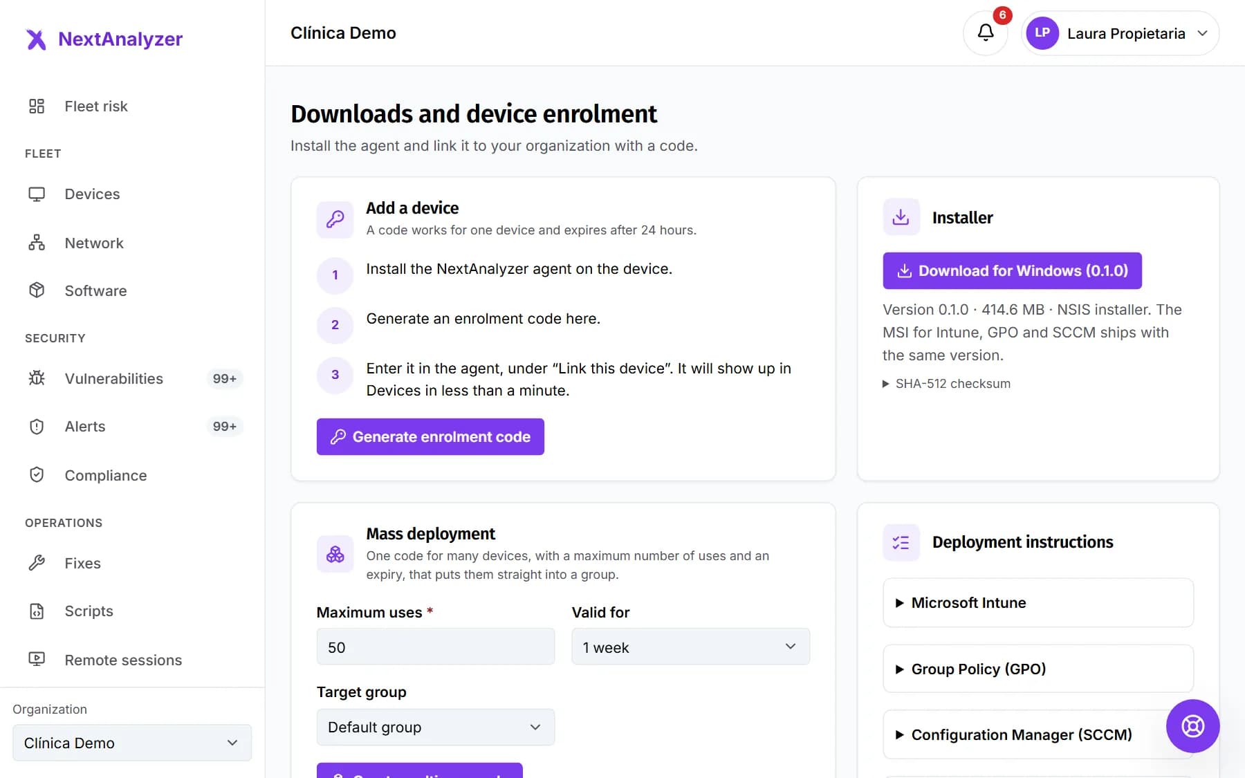 Downloads screen with the enrollment code and installation instructions.