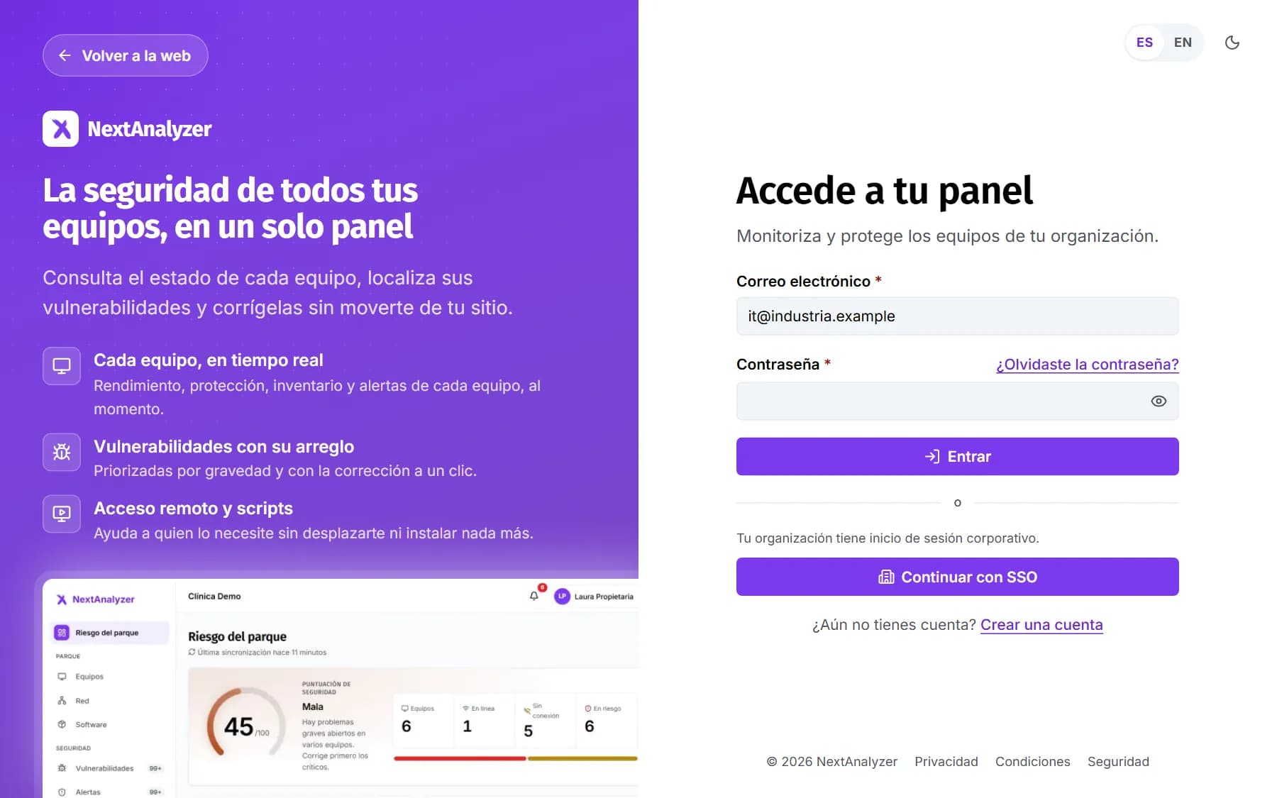 Pantalla de entrada con un correo de empresa escrito, el aviso de inicio de sesión corporativo y el botón Continuar con SSO.