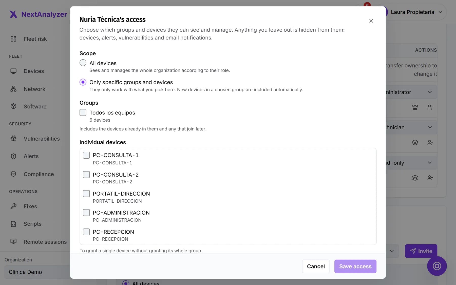 A member's access dialog with the Only specific groups and devices scope chosen to tick their groups and devices.