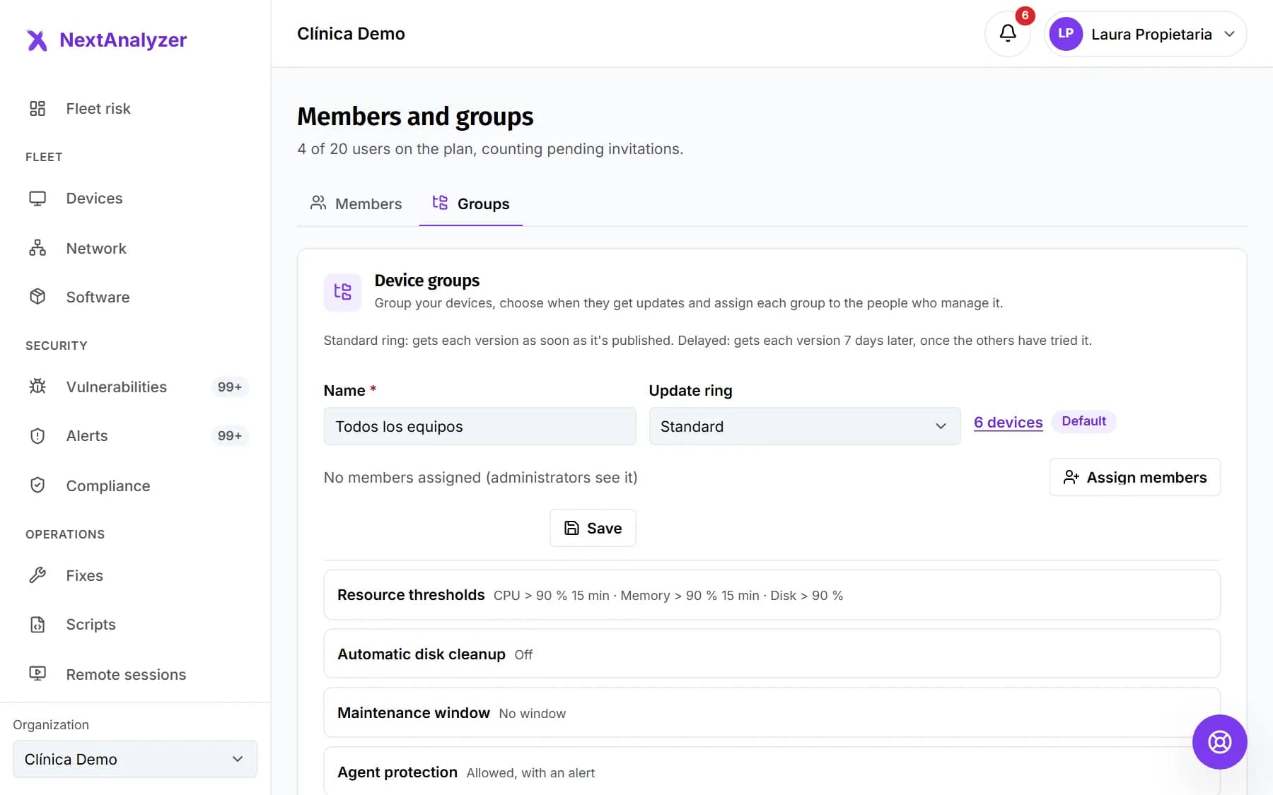 Groups tab in Members and groups with the groups and their update ring.