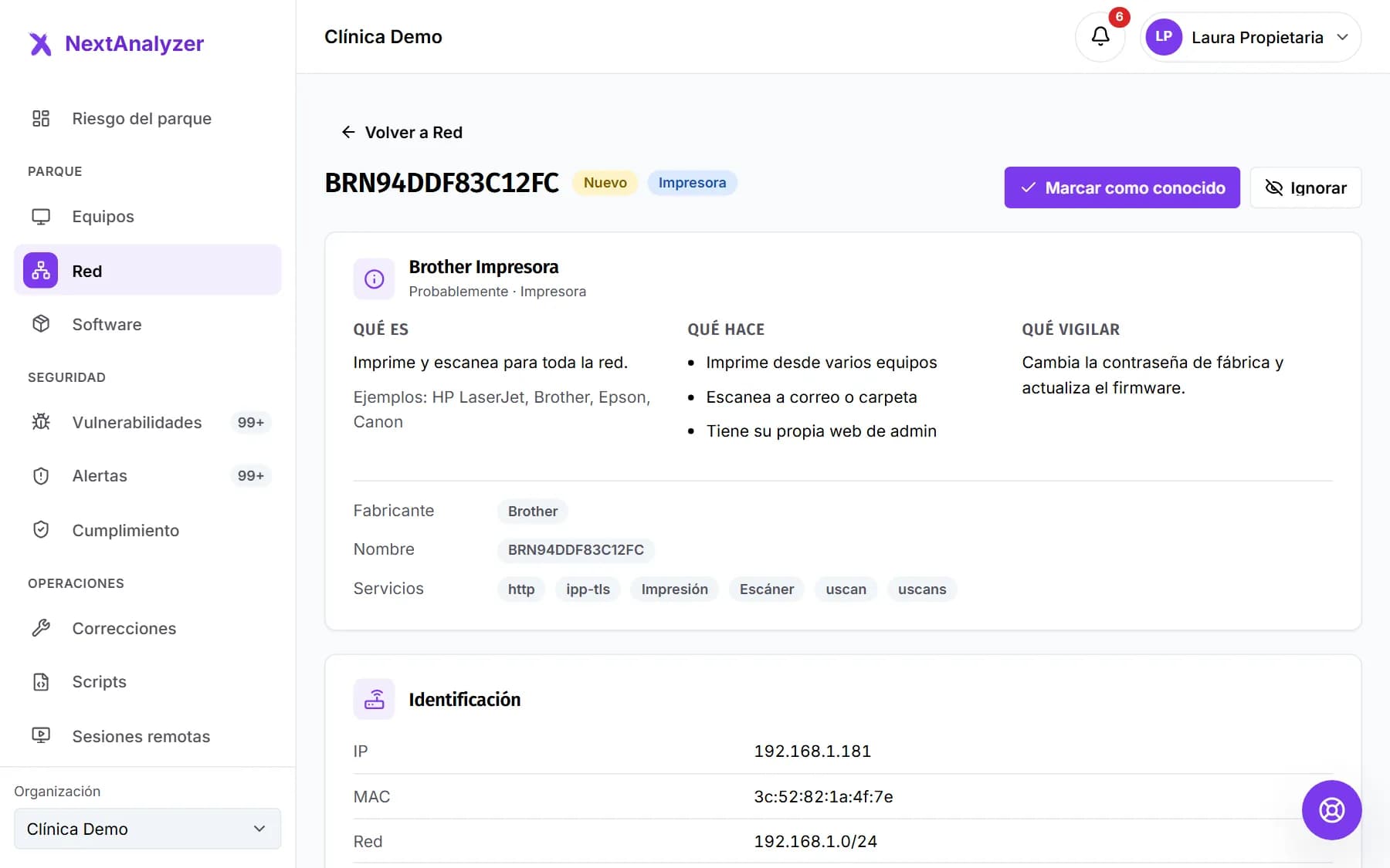 Ficha de un dispositivo de red con su IP, su fabricante, su tipo y los botones para marcarlo.