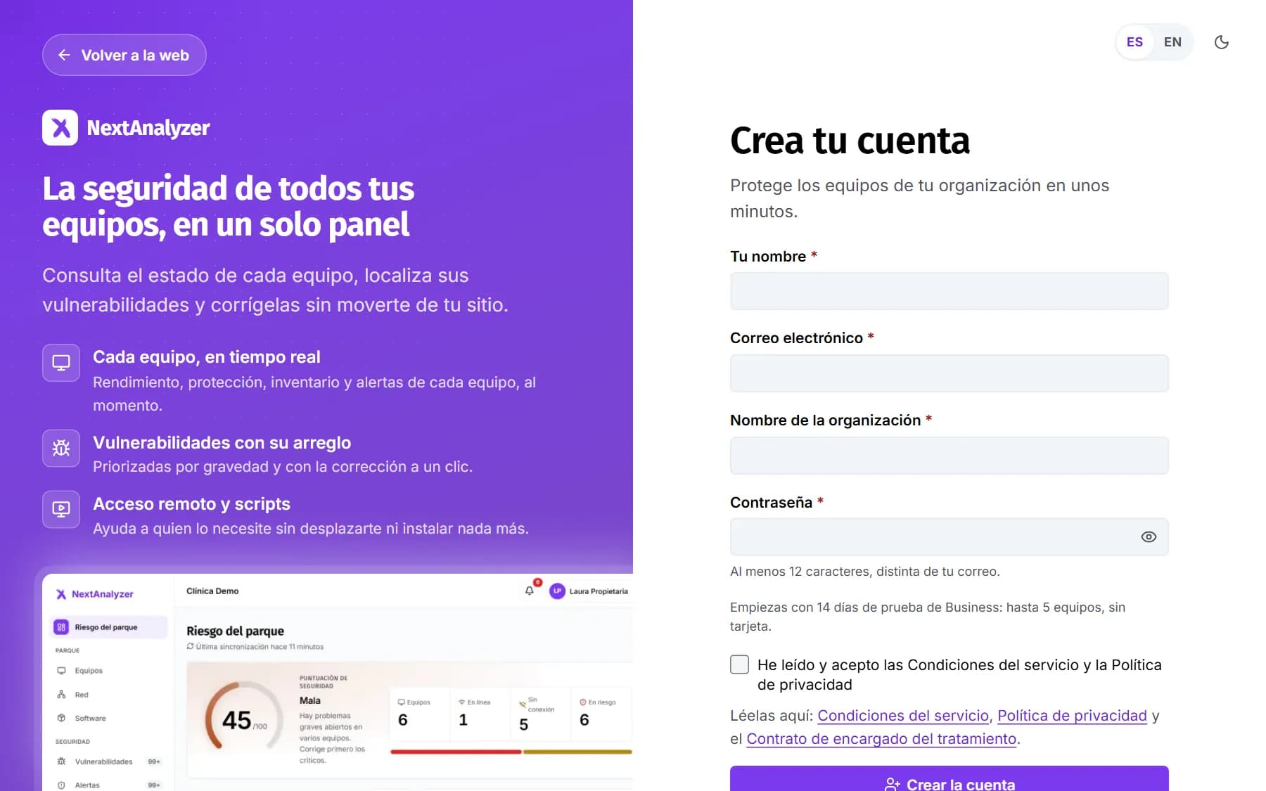 Formulario de registro de NextAnalyzer.