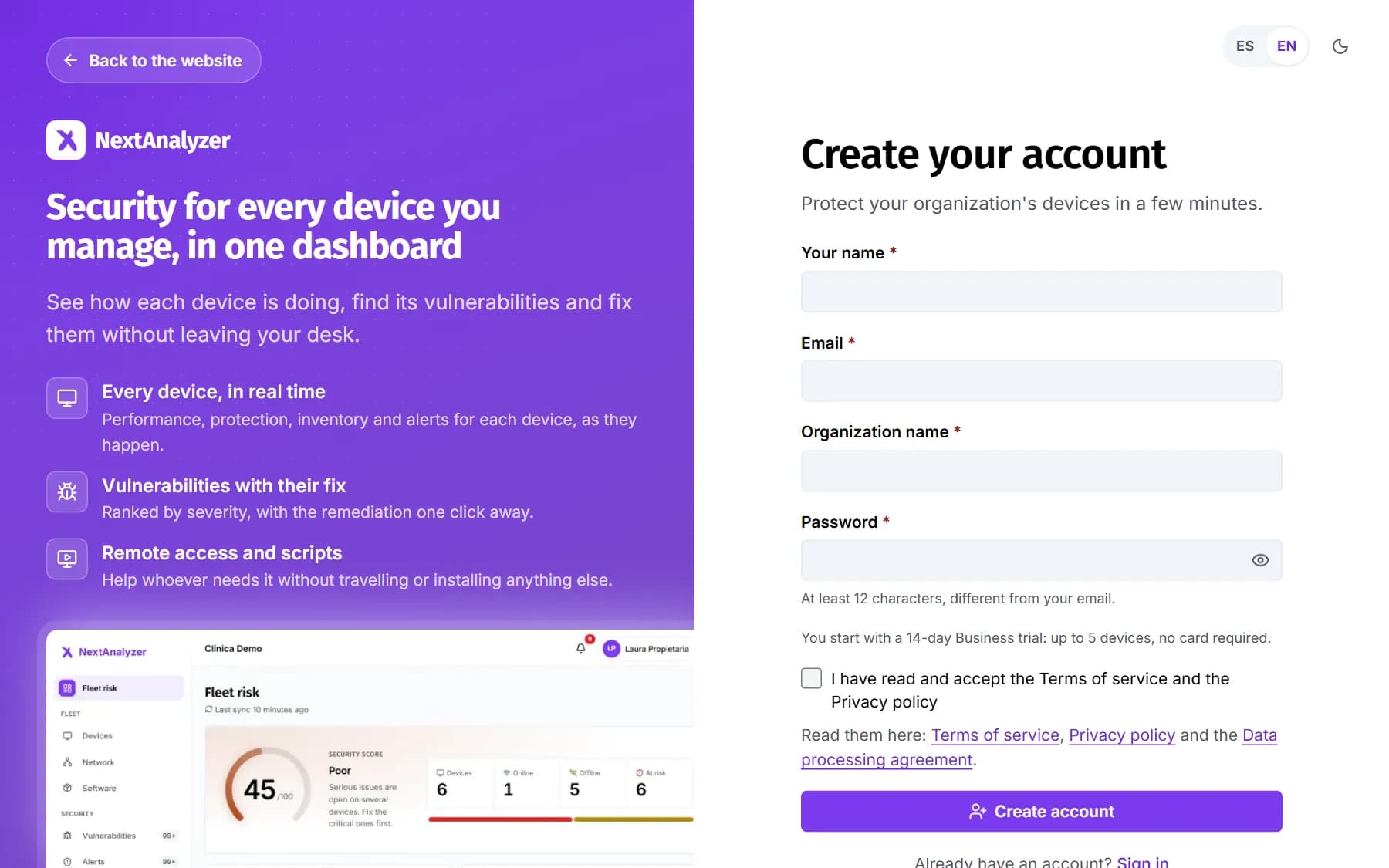 NextAnalyzer sign-up form.