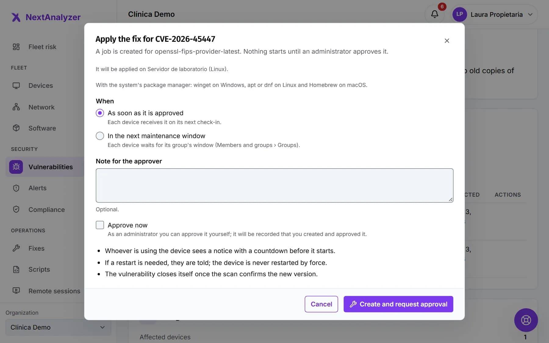 Apply the fix dialog of a CVE with the devices, what it does, when and the note for the approver.