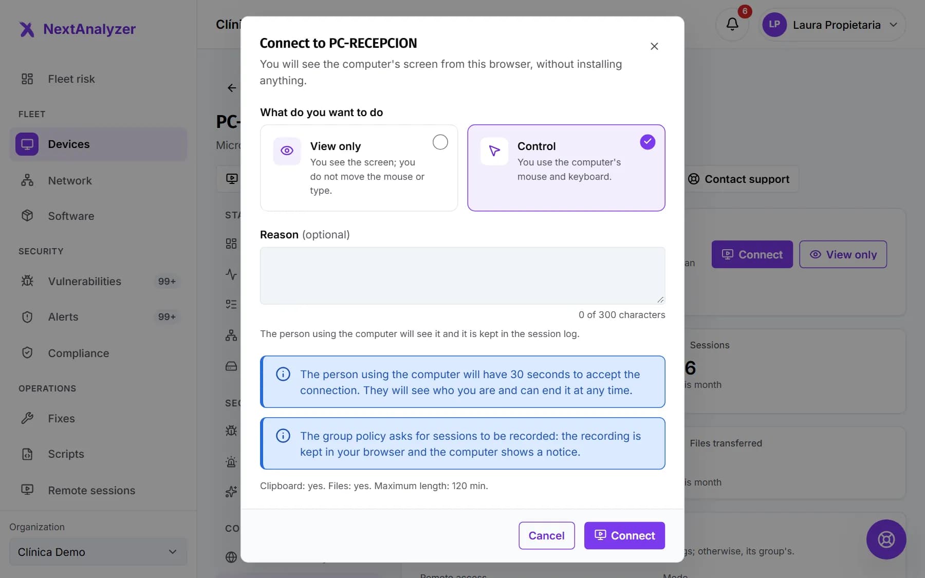 Connect dialog with the View only and Control options, the reason field and the policy summary.