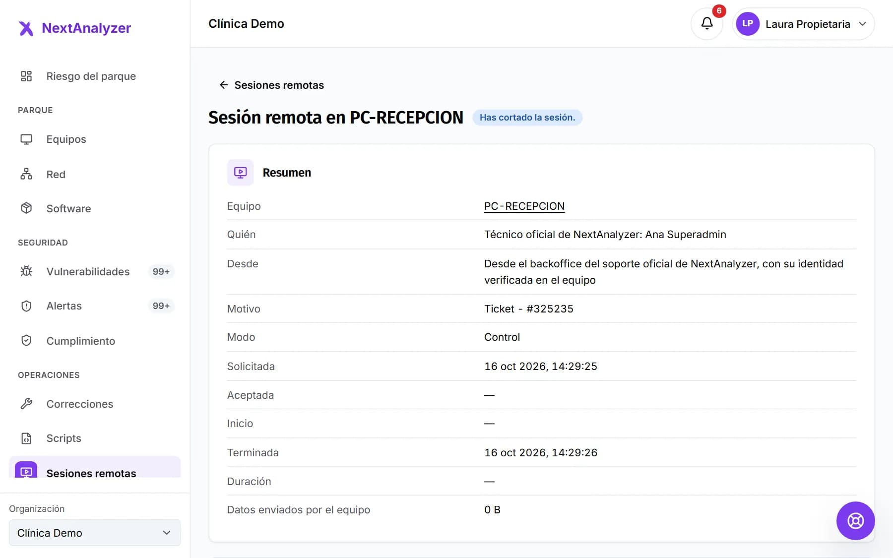 Detalle de una sesión remota con su resumen: equipo, quién, desde dónde, modo, horas y duración.