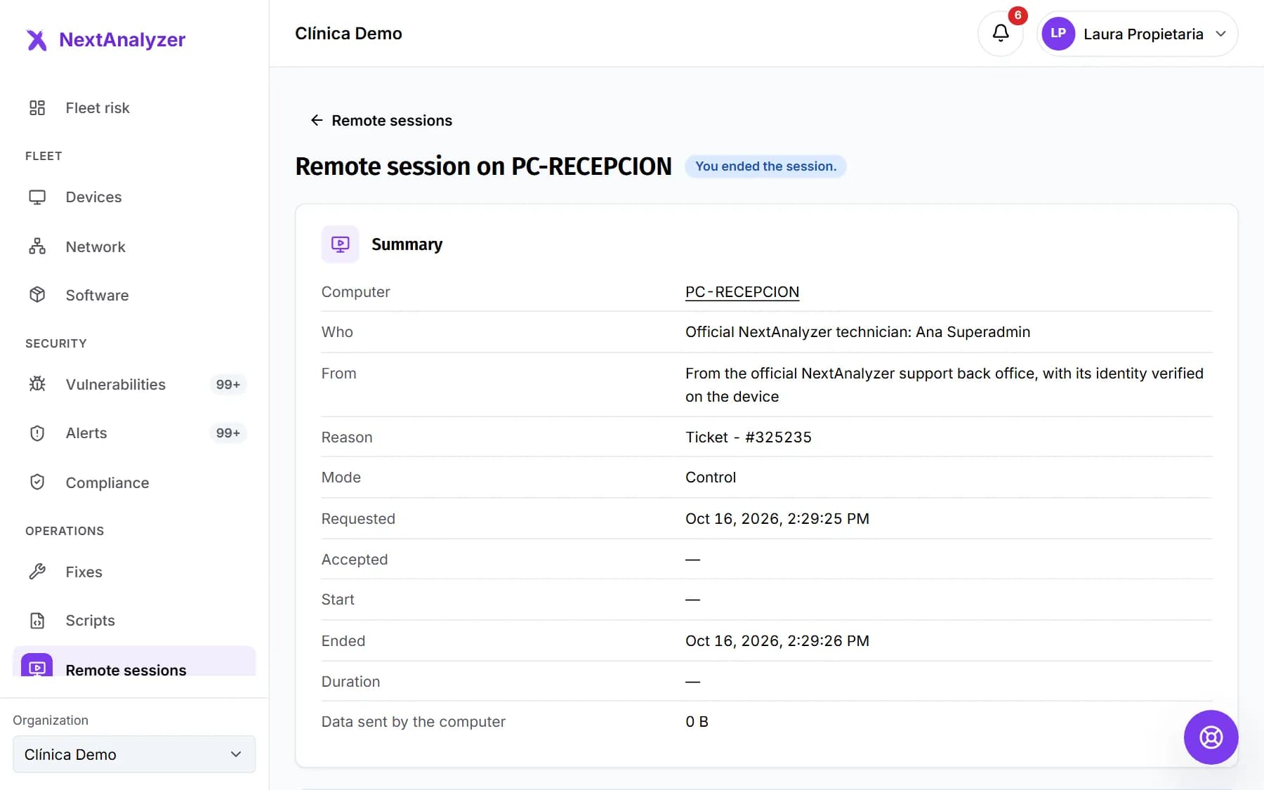 Remote session detail with its summary: device, who, from where, mode, times and duration.