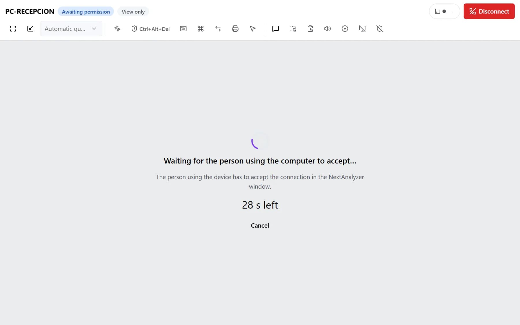 Viewer waiting for the person at the device to accept, with the countdown and the Cancel button.