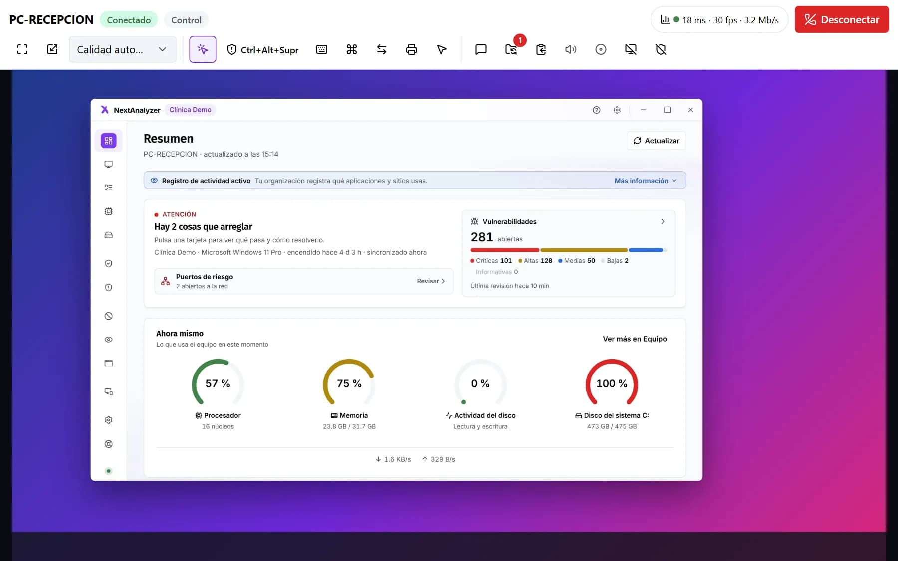 Visor del acceso remoto en el navegador con la pantalla del equipo y la barra de herramientas.
