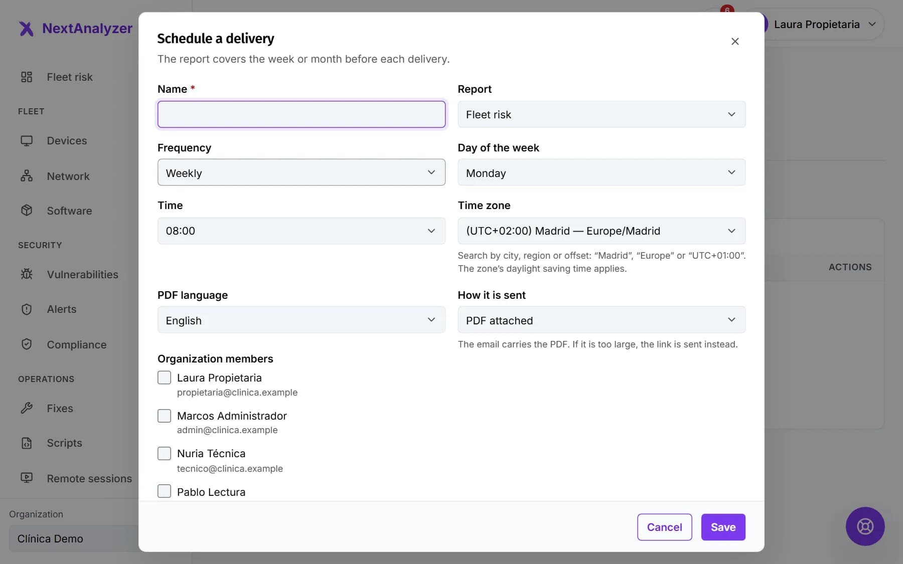 Schedule a delivery dialog with frequency, time, time zone, language and recipients.