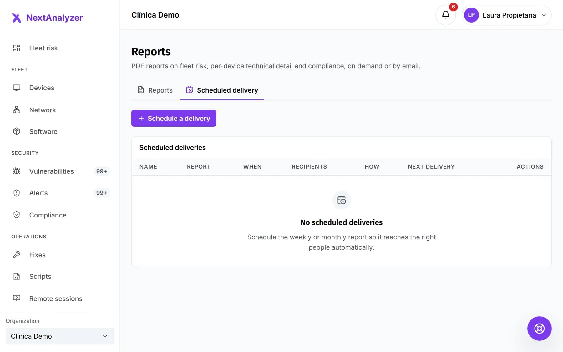 Scheduled delivery tab with the button to schedule a new one.