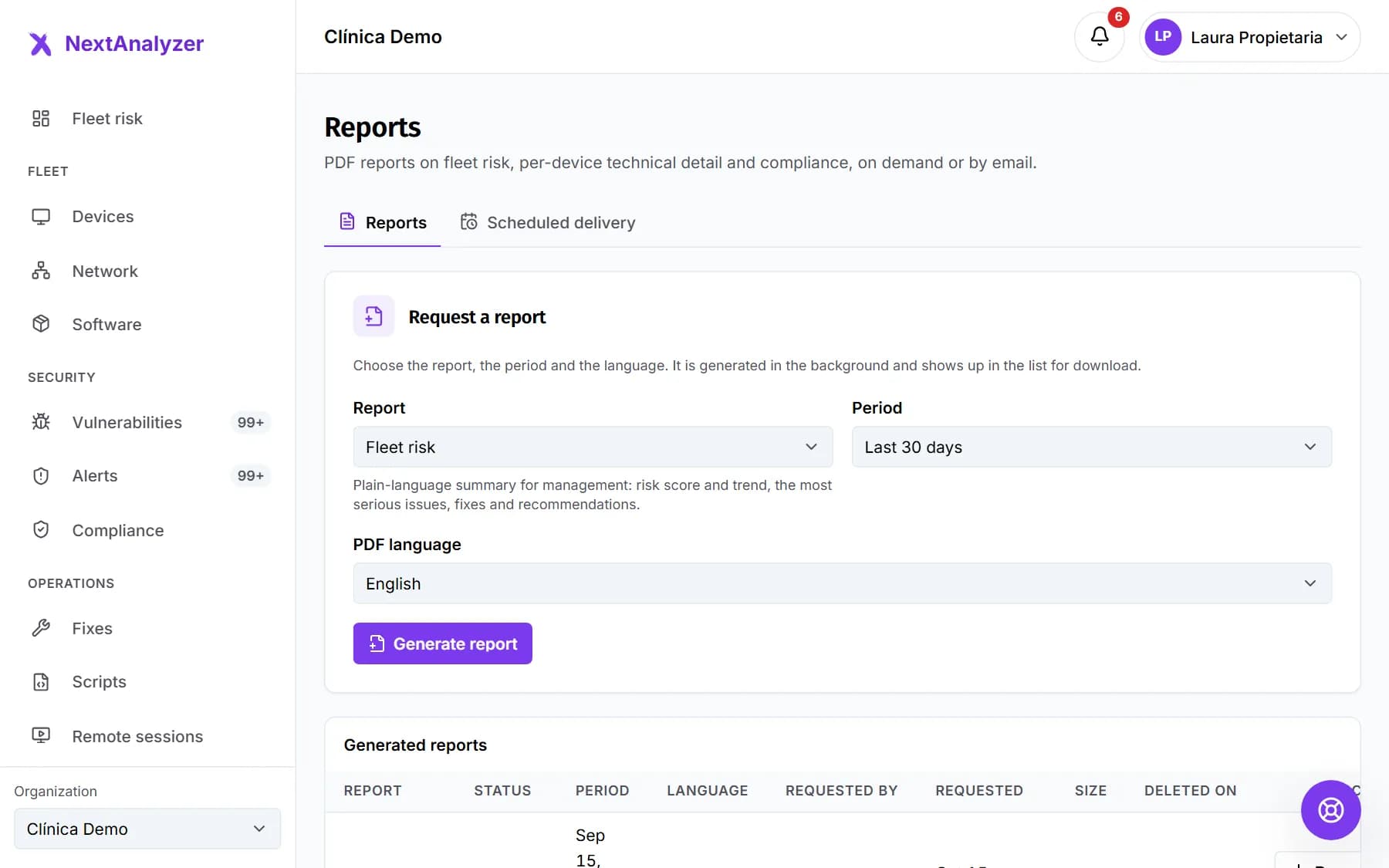 Reports screen with the form to request a report and the list of generated reports.