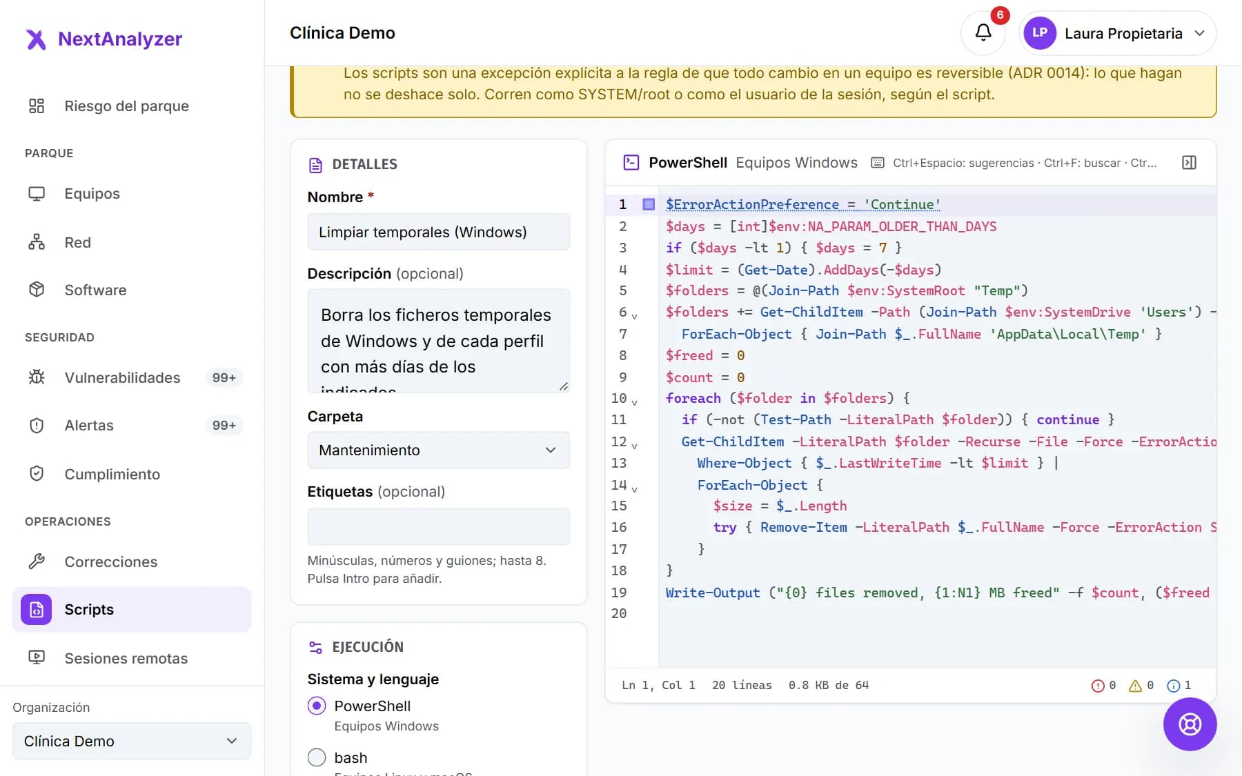 Editor de scripts del panel con los detalles a la izquierda y el código a la derecha.