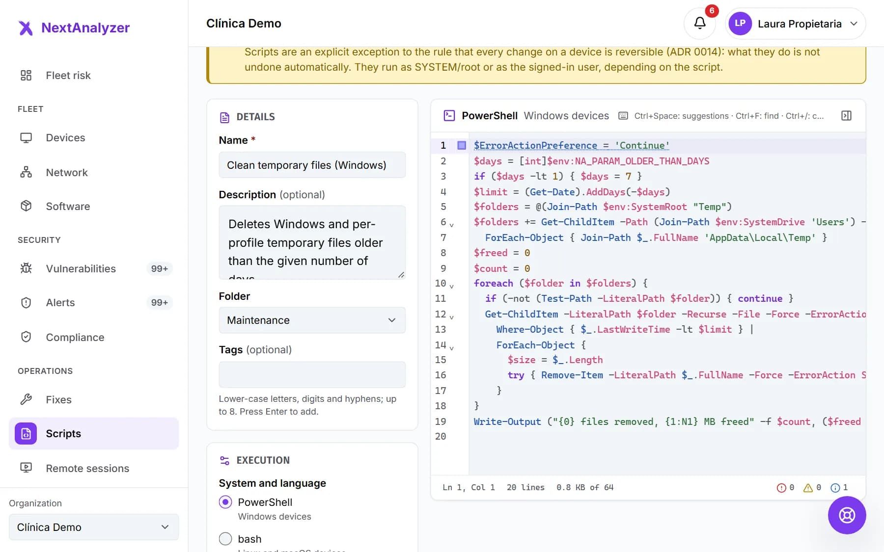 Dashboard script editor with the details on the left and the code on the right.