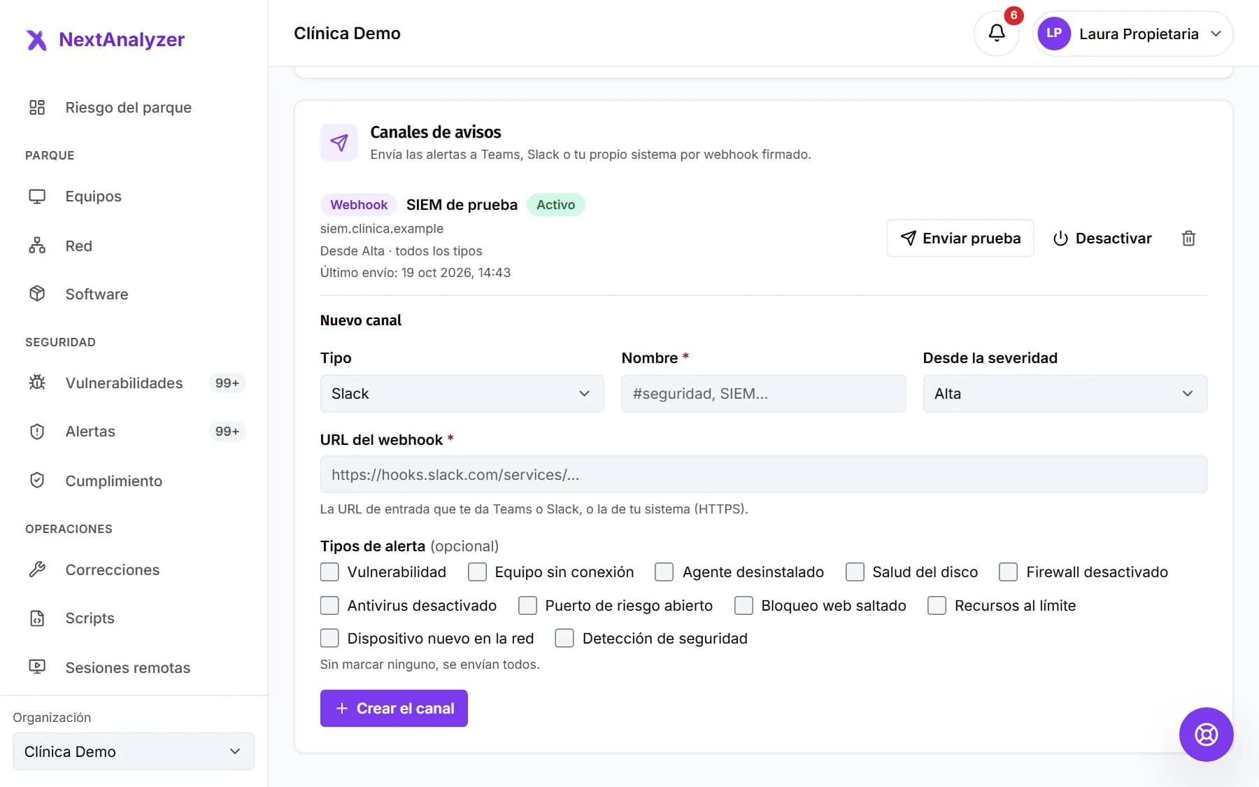 Formulario Nuevo canal de Ajustes › Avisos con el tipo, el nombre, la severidad mínima, la URL del webhook y los tipos de alerta.