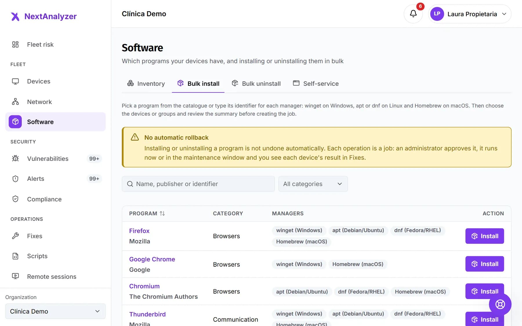 Catalog of programs to install in bulk with their category and each system's package managers.
